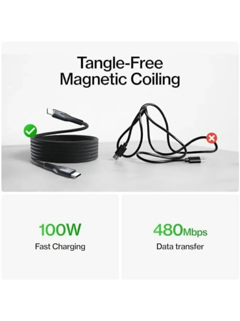 100W Coiling Magnetic USB C to USB C Charging Cable - Fast, Durable